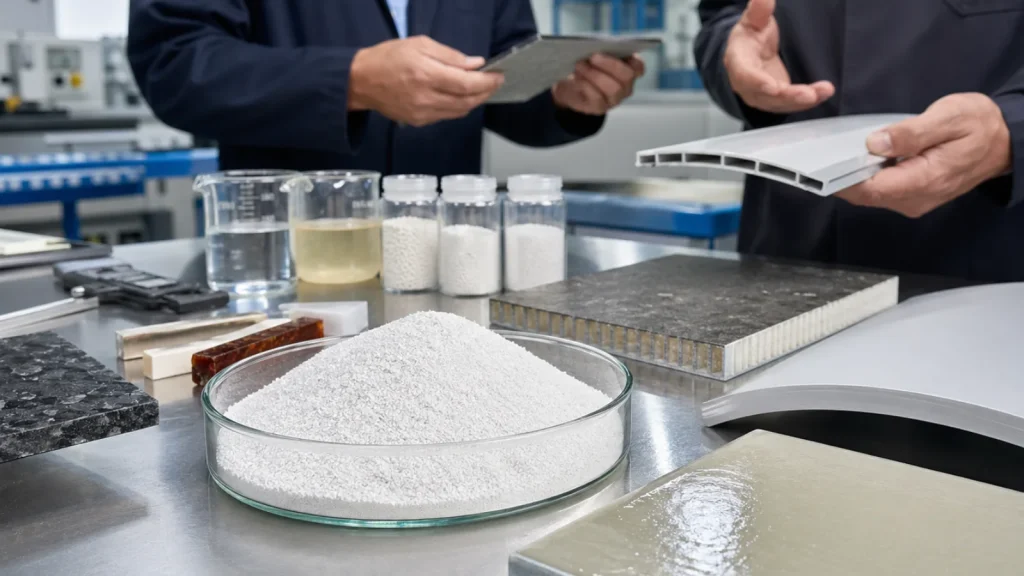Hollow Glass Microspheres lightweight filler samples being evaluated in an industrial materials laboratory
