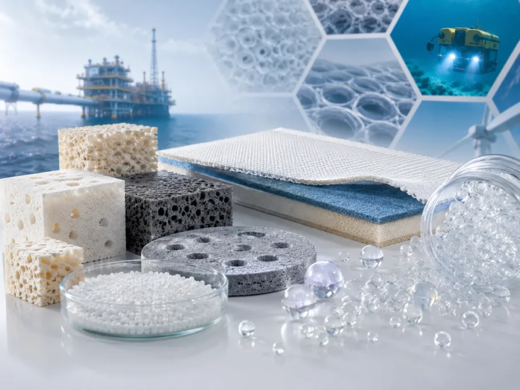 Advanced engineering materials display with hollow glass microspheres, solid buoyancy foam samples, thermal insulation layers, and offshore application background