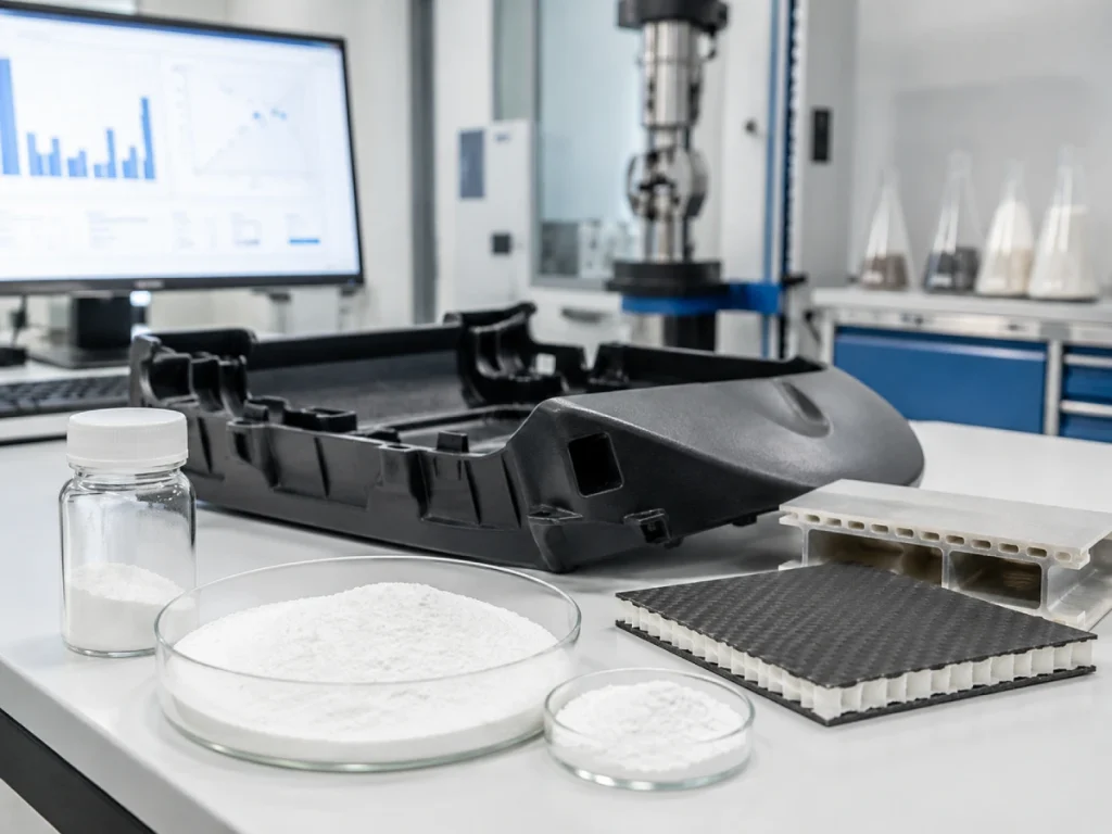 Hollow glass microspheres used in lightweighting solutions for plastic parts composite panels density reduction strength balance and thermal performance