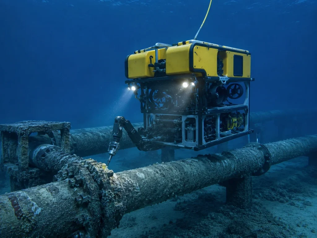 ROV system operating near subsea pipelines for marine engineering applications using hollow glass microspheres in buoyancy and pressure resistant material systems