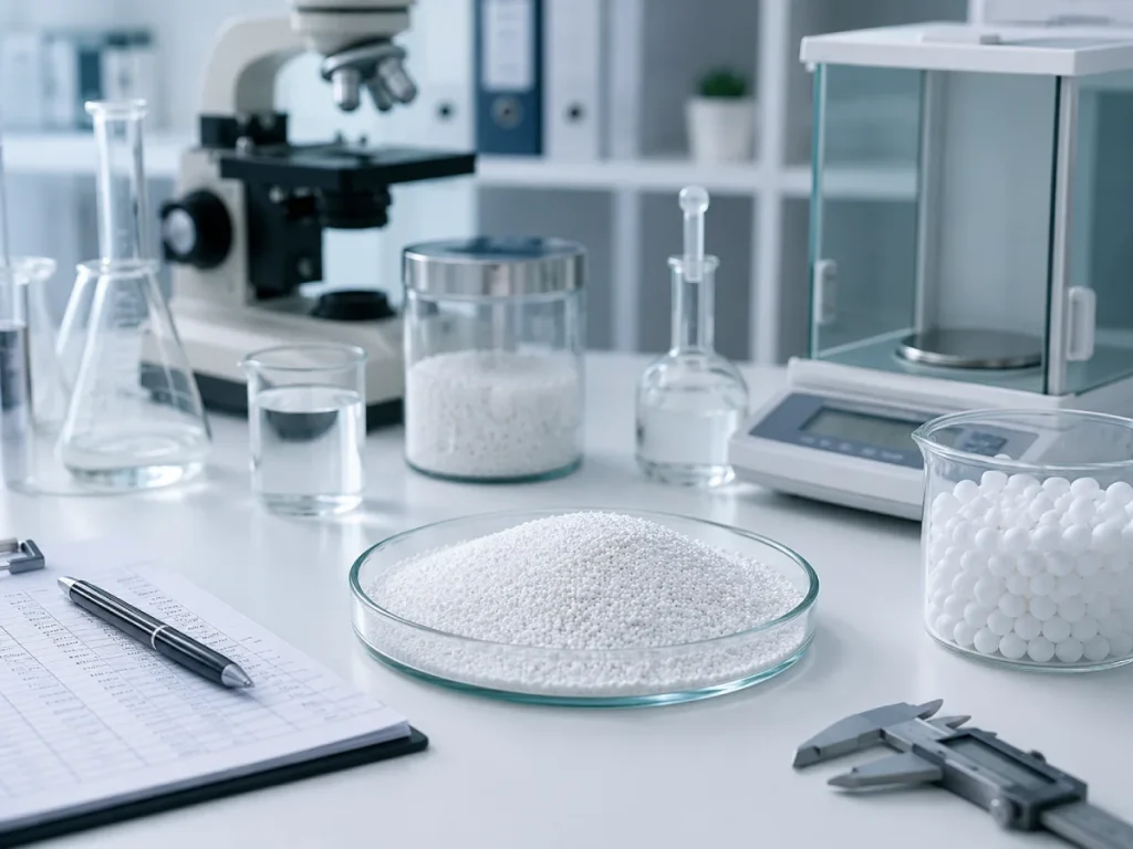 Quality control testing documentation for hollow glass microspheres density crush strength and batch consistency verification
