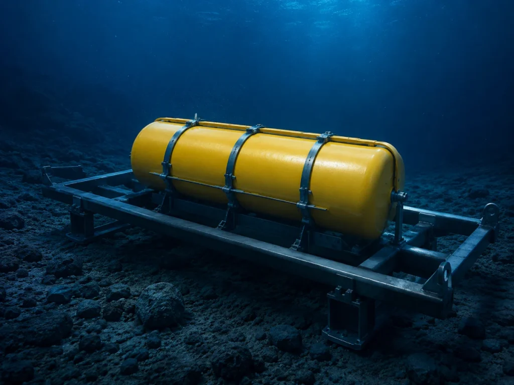 Yellow solid buoyancy module mounted on a subsea metal frame for deep-sea engineering support